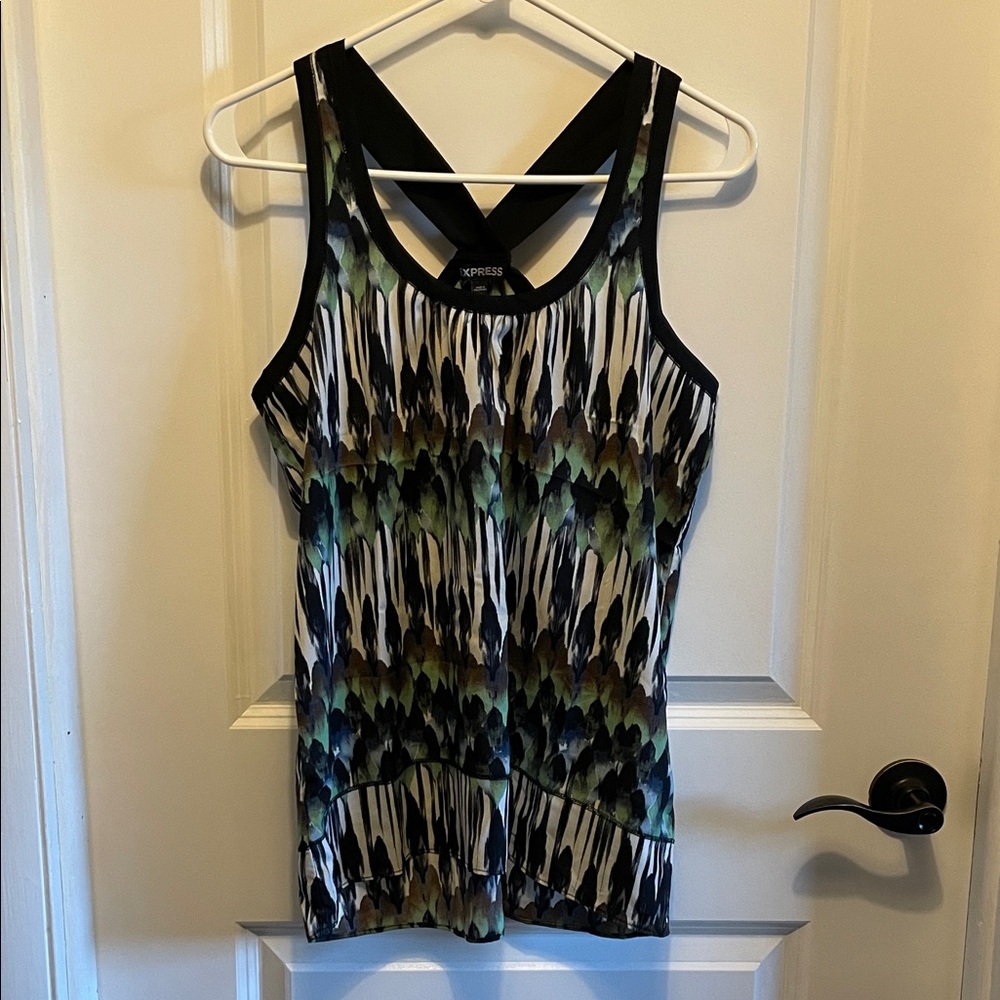 Express Women's Black and Green Patterned Tank Top